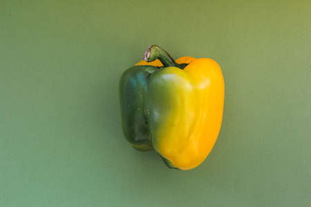Yellow-green pepper lies on a green background, top viewの写真素材