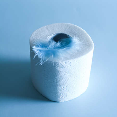 Toilet paper close-up with a blue feather on it on a blue background, the concept of weightless and feather-soft toilet paper, side view, vertical formatの写真素材