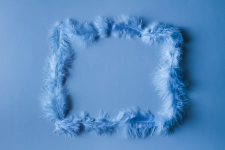 Frame of blue feathers on a blue backgroundの写真素材