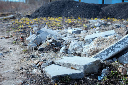 Scattered construction debris and concrete beamsの写真素材