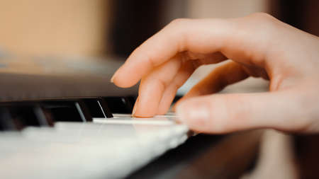 The hand presses the keys of the synthesizer, selective focus, depth of fieldsの写真素材