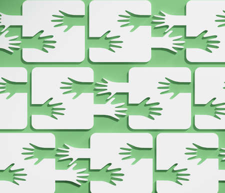 Abstract white and green background, interleaved jigsaw puzzle pattern with hands, concept of mutual help, helping each other, friendshipの写真素材