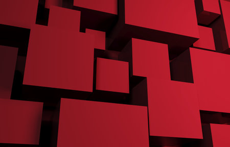 Relief abstract background of red cubes of different sizes, geometric abstraction of squares, three-dimensional 3d background, 3d renderの写真素材