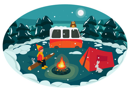 Winter camping concept flat illustrationのイラスト素材