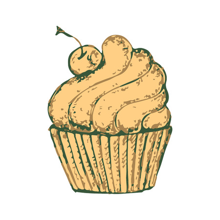 Sketch a delicious cake. Sweet clipart. With a cream. With delicious cherries. Vector isolated image. Bread products. Unique works for Your business.のイラスト素材