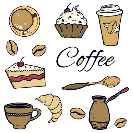 Vector colored coffee set: cezve, cup, spoon, coffee, muffin, croissant, paper cup. Sketch. Isolated image. For cafes, shops, web, print.のイラスト素材