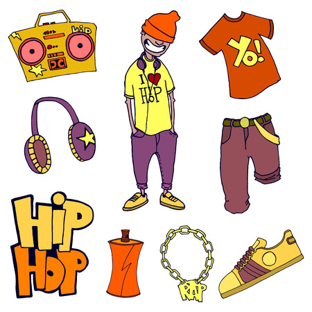 The concept of hip-hop. Colored vector set of isolated items. Printed publications, posters, videos, mobile applications, web sites and print projects.のイラスト素材