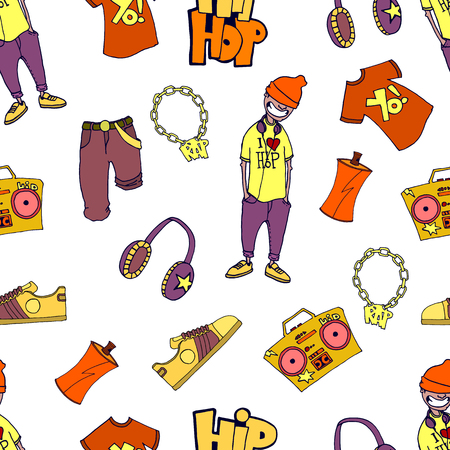 Seamless pattern concept of hip-hop. Graffiti wall rap template. Vector image. Printed publications, posters, videos, mobile applications, web sites and print projects.のイラスト素材