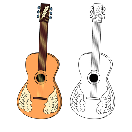 Acoustic guitar. Two musical instrument: color and black and white. Isolated image. Handwriting style. Icon. For posters, mobile apps, print projects.のイラスト素材