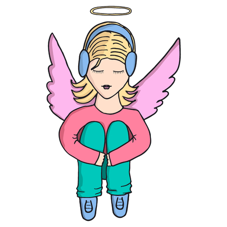 Girl-angel in headphones listens to music with closed eyes and hugging his knees. Head over to the halo. on the back wings. Vector isolated image. Cartoon style character.のイラスト素材