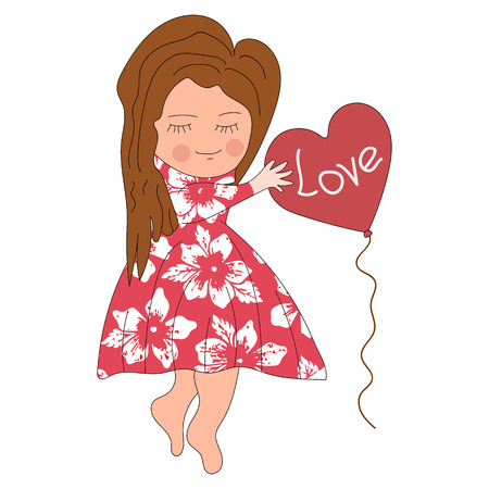 Cute girl holding a balloon that says love. Dress with flowers. Character in handwriting style. Vector isolated image. Print and web projects.のイラスト素材