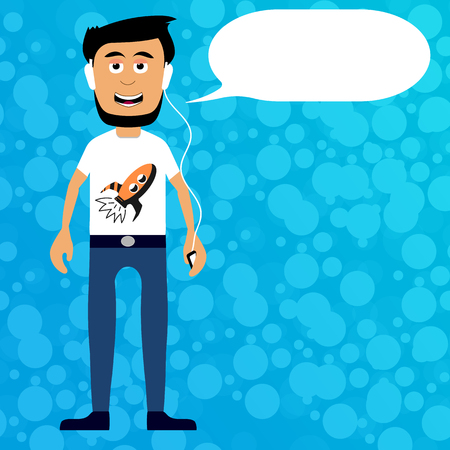 Man in headphones listens to music and says the concept of a character with a cloud of letters background in summer styleのイラスト素材