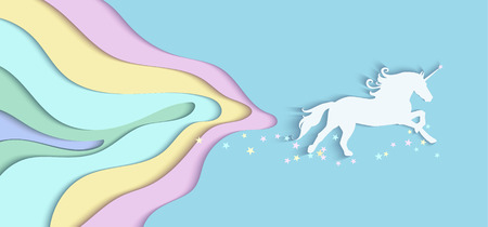 Running papercut unicorn with stars. Papercut colorful poster design. Cartoon vector illustration.のイラスト素材