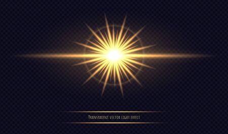 Shining sun flare isolated on dark transparent background. Lens flare, bokeh, shining star with rays concept. Glowing vector light effect.のイラスト素材