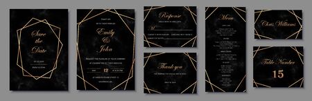 Elegant wedding invitations set with golden geometric frames and and black marble texture. Luxury invitation collection with save the date, rsvp, menu, table number and name card vector templates.のイラスト素材