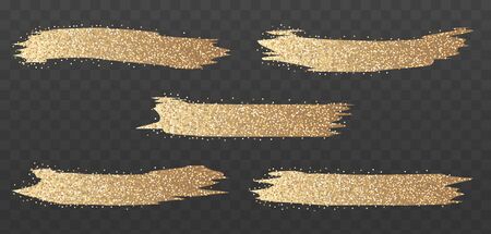 Gold glitter brush strokes set. Bright glowing festive sequins and sparkles. Golden sparkle luxury design element isolated. Vector illustration.のイラスト素材