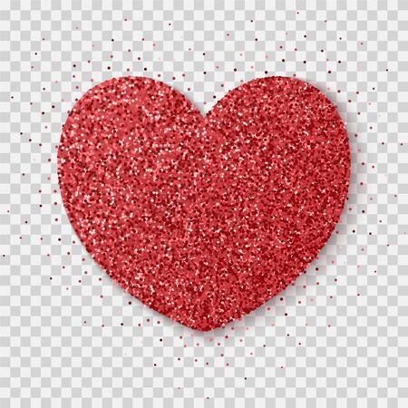 Red glitter heart isolated on a transparent background. Bright glowing festive sequins and sparkles. Realistic Valentines Day vector illustration.のイラスト素材