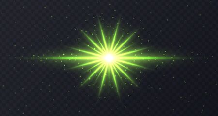 Shining flare with stars and sparkles isolated on dark transparent background. Green lens flare, stardust, shining star with rays concept. Glowing vector light effect.のイラスト素材