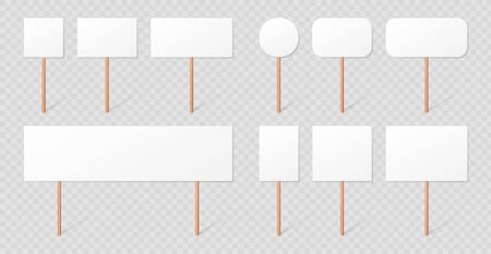 Blank demonstration banners collection isolated on transparent background. Protest signs on wood sticks set. Blank placard mockups with wooden holders realistic 3d vector illustration.のイラスト素材