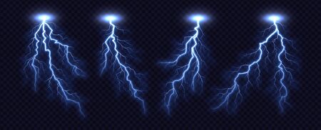 Lightning bolt collection isolated on transparent background. Realistic thunderbolt set. Lighting effect vector illustration.のイラスト素材