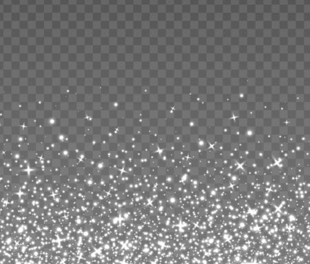 Flying silver sparkles, abstract luminous particles, white stardust isolated on a dark background. Christmas glares and sparks. Luxury backdrop. Vector illustration.のイラスト素材