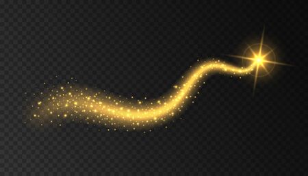 Gold stardust light trail with shining star isolated on transparent background. Comet with glowing magic particles. Shiny Christmas confetti or luxury vector decoration.のイラスト素材