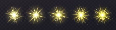 Light flares set isolated on transparent background. Yellow lens flares, bokeh, sparkles, shining stars with rays collection. Glowing vector light effect. Vector illustration.のイラスト素材
