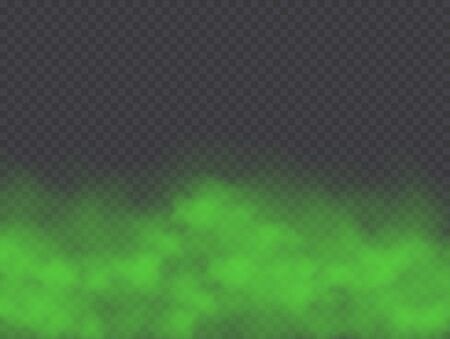 Green fog, bad smell or toxic smoke cloud isolated on transparent background. Realistic smog, haze, mist or cloudiness effect. Realistic vector illustration.のイラスト素材