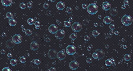 Soap bubbles seamless background. Abstract floating shampoo, bath lather pattern on dark backdrop. Realistic suds vector illustration.のイラスト素材