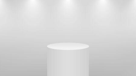 Realistic 3d white podium for product display. Round pedestal or platform in studio lighting on a gray background. Cylinder museum showcase concept. Vector illustration.のイラスト素材
