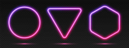 Neon gradient frames set, collection of purple-pink glowing borders isolated on a dark background. Colorful night banners, vector light effect. Circle, triangle, and hexagon, bright illuminated shapesのイラスト素材