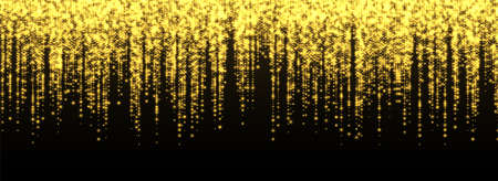 Glitter rain, golden star dust, bright yellow sparkles isolated on a dark background. Christmas decoration, abstract falling shiny particles, isolated vector light effect. Luxury decor.のイラスト素材