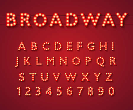 Light bulb alphabet in Broadway theatre style, vintage glowing bright letters and numbers with yellow lamps and shadows on red background. Typography vector illustration.のイラスト素材
