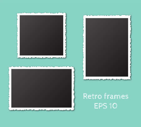 Set of empty retro frames with shadows isolated on blue background. Vintage torn paper empty snapshot photography template. Vector illustration.のイラスト素材