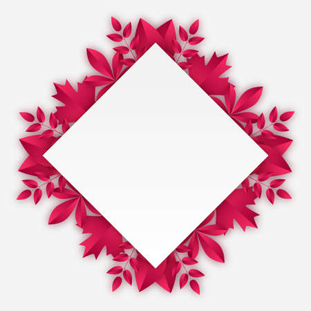 Rhombus frame with burgundy autumn leaves. Vector illustration in paper cut style with realistic shadows. All elements are easy to edit.のイラスト素材