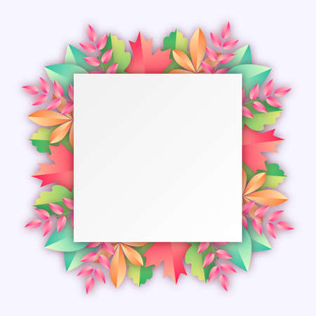 Rectangular frame with colorful autumn leaves. Vector illustration in paper cut style with realistic shadows. All elements are easy to edit.のイラスト素材