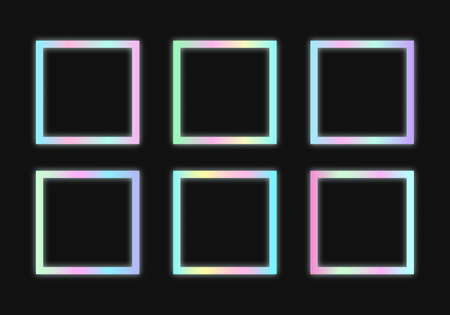 Rectangular holographic frames set in psychedelic vaporwave style. Futuristic geometric figures on dark background. Retro 80s-90s neon colors.のイラスト素材