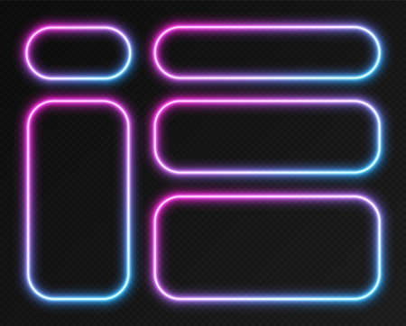 Neon gradient frames set, collection of pink-blue glowing rounded rectangle borders isolated on a dark background. Colorful night banners, bright illuminated shapes, vector light effect.のイラスト素材