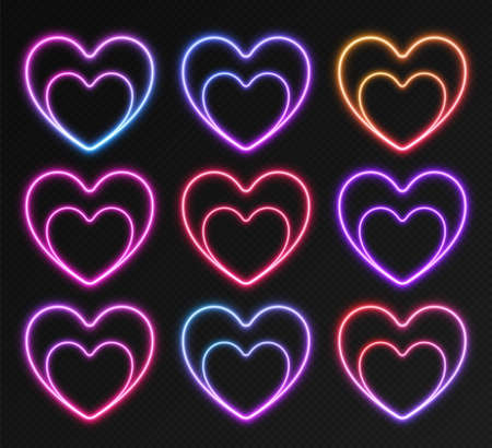 Neon gradient frames set, collection of colorful glowing hearts isolated on a dark background. Vivid night banners, bright illuminated borders. Vector light effect.のイラスト素材