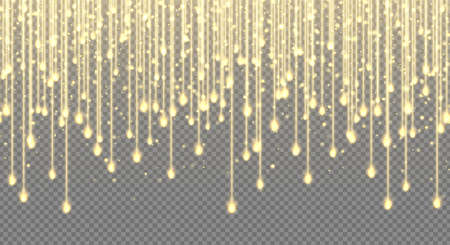Falling stars, glitter rain, golden star dust, bright yellow sparkles isolated on a transparent background. Christmas decoration, abstract falling shiny particlesのイラスト素材