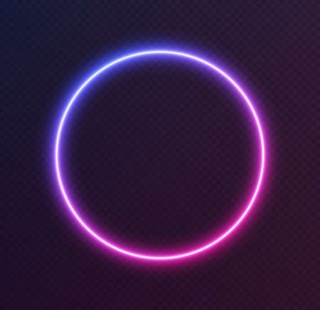 Gradient neon circle, blue-pink glowing border isolated on a dark background. Colorful night banner, vector light effect. Bright illuminated shape.のイラスト素材