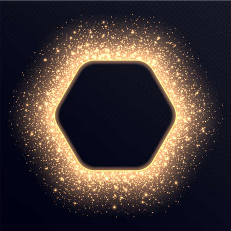 Golden hexagon frame with sparkles and flares, abstract luminous particles, cosmic background with bright stardust. Glowing border with glitter. Vector light effect. Luxury backdrop.のイラスト素材