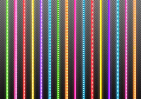 Colorful LED strips collection, bright luminous ribbons isolated on a transparent background. Realistic neon lights, illuminated decoration tapes set. Vector illustration.のイラスト素材