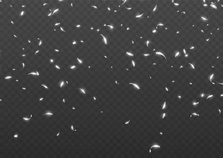 Falling silver confetti, shiny tinsel, and pieces of serpentine, abstract party background. Christmas decoration isolated on dark transparent backdrop. Realistic vector illustration.のイラスト素材