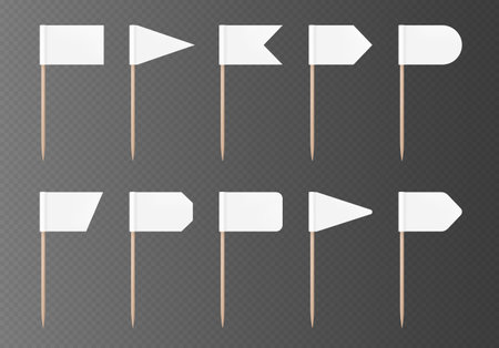 White toothpick flags isolated on a transparent background. Blank flag on a wooden stick.のイラスト素材