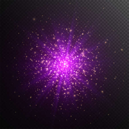 Purple star explosion with yellow sparkles, cosmic starburst, vector light effect.のイラスト素材