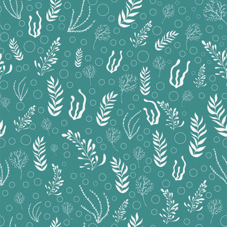 Hand drawn sea plants seamless pattern. White seaweed on turquoise backgroundのイラスト素材