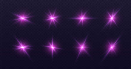 Pink lens flare, glowing star with rays, shiny flash spark, bright cosmic explosion isolated on black.のイラスト素材