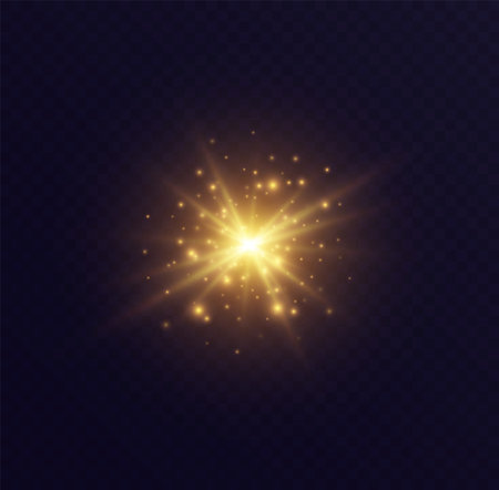 Star burst with sparkles, lens flare with particles, golden star explosion. Shining sun with fairy dust.のイラスト素材