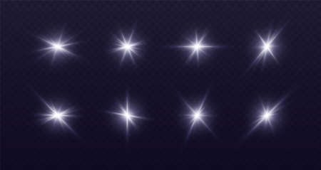 White lens flare, glowing star with rays, shiny flash spark, bright cosmic explosion isolated on black.のイラスト素材